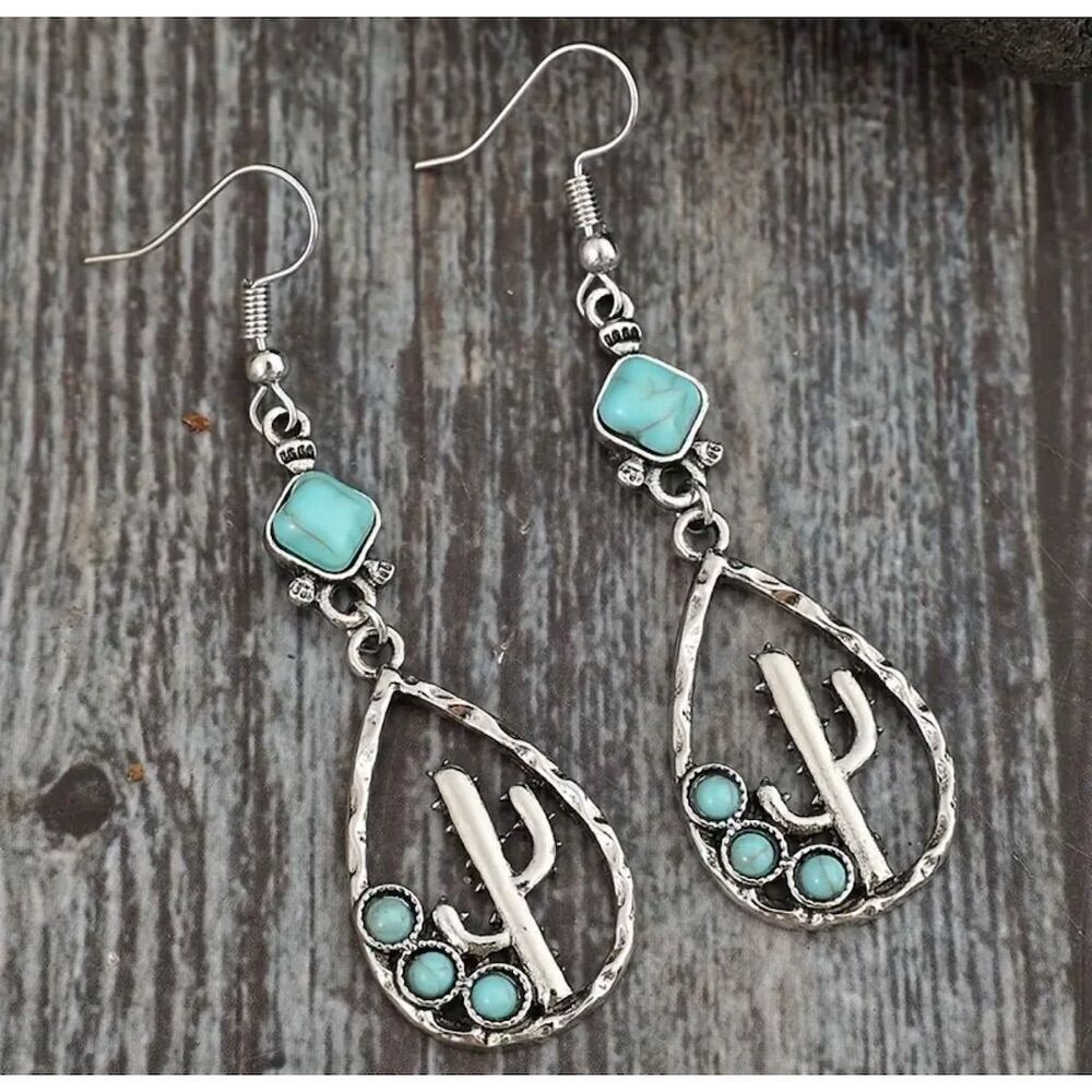 Western Vintage Inspired Teardrop Cactus Earrings Turquoise Boho Hippie Cowgirl - Picture 4 of 5